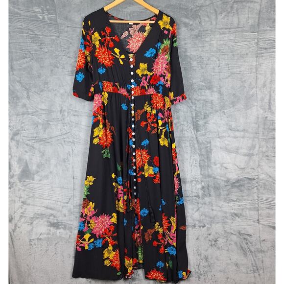 Womens Shirt Dress Large Black Floral Maxi Boho Bloomcore Tropical Vacation - Picture 1 of 7